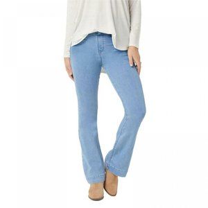 Light Blue Dark Rinse Silky Denim Pull On Flare Leg Jeans